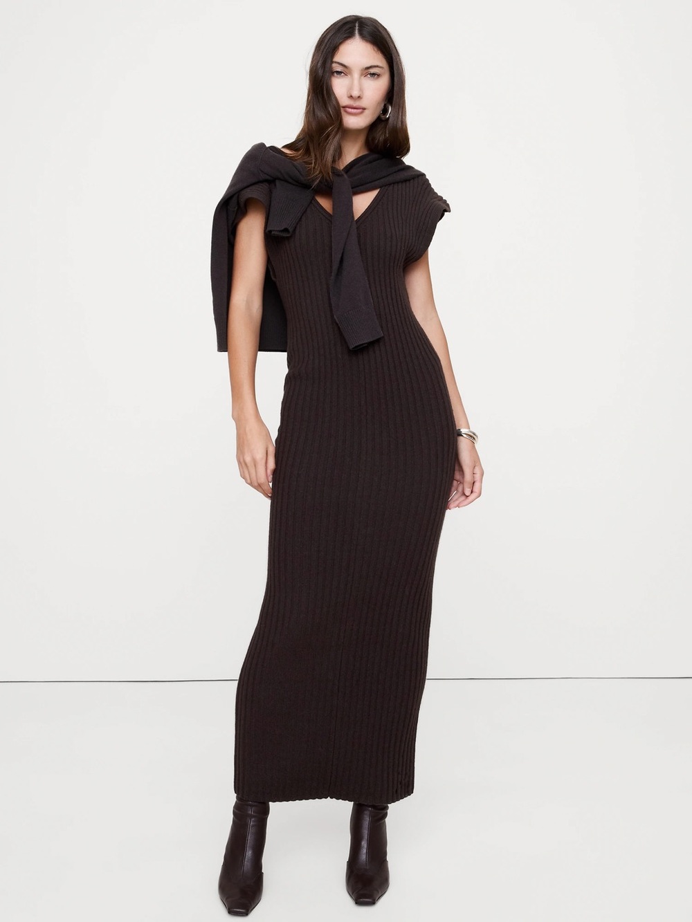 NWT Banana Republic Dark Brown Merino Cotton Maxi Dress Open Back Size S TALL